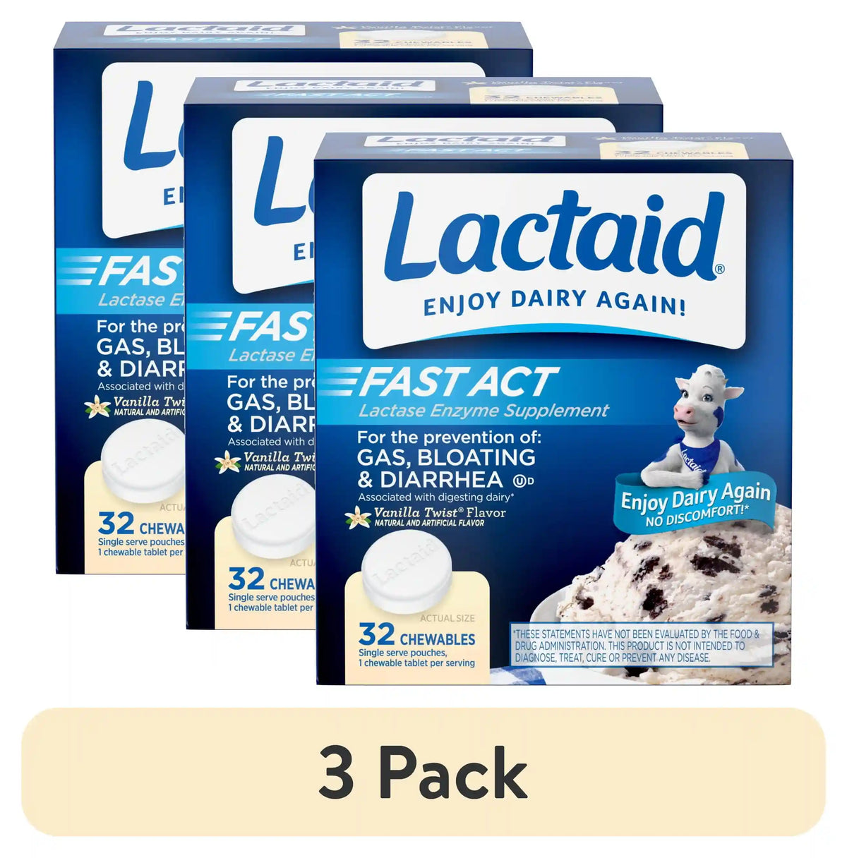 (3 pack) Lactaid Fast Act Lactose Relief Chewables, Vanilla, 32 Packs of 1 Count