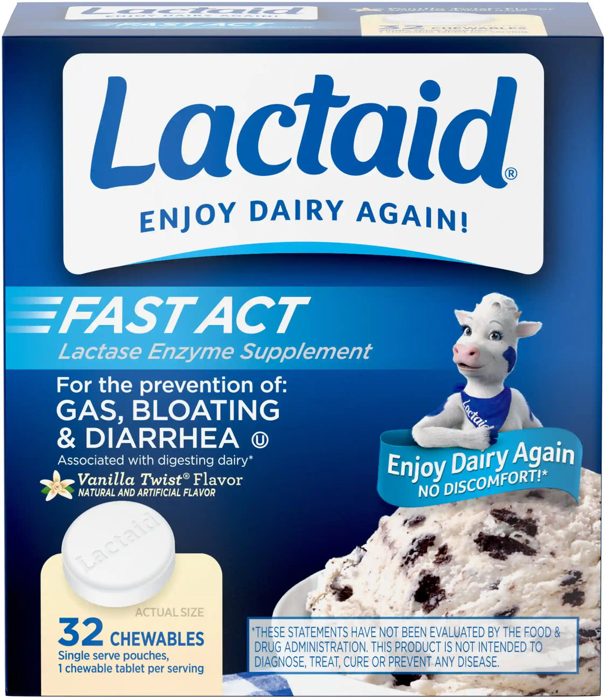 LACTAID Fast Act Chewables Vanilla Twist 32 Tablets (Pack of 3)